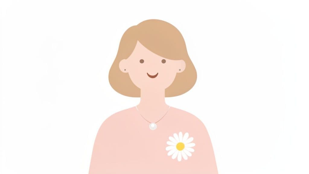 Illustration d'une femme souriante aux cheveux blonds, portant un collier de perles et une broche marguerite.