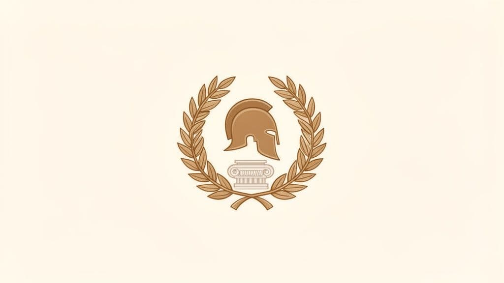 Un casque spartiate et une colonne dorique stylisés, encerclés par une couronne de laurier dorée sur fond crème.