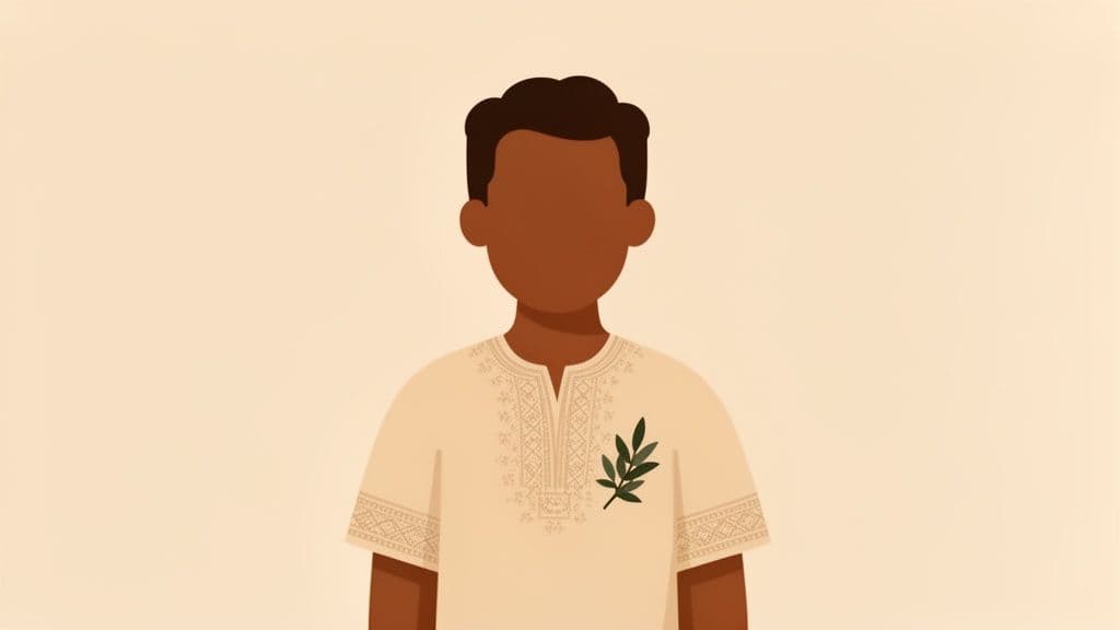 Illustration d'un homme à la peau foncée, portant une chemise brodée avec une branche d'olivier sur la poitrine