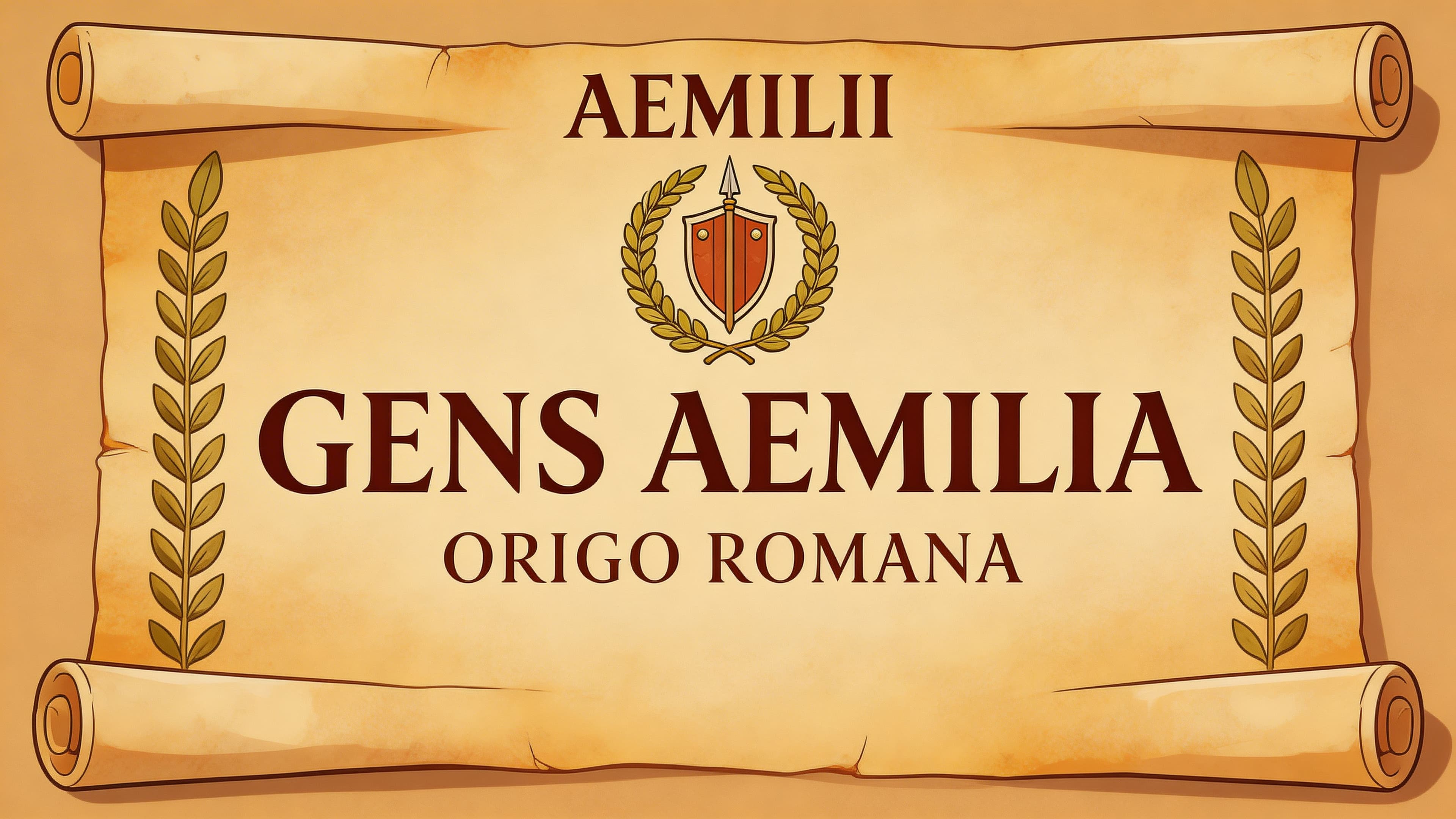 Un parchemin ancien présentant le nom de la famille romaine Gens Aemilia avec des motifs de lauriers.