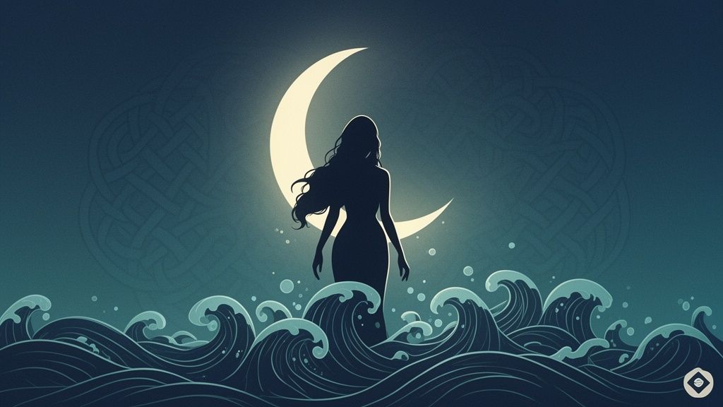 Silhouette de femme mystérieuse se tenant dans l'océan sous une lune brillante, avec des motifs celtiques.
