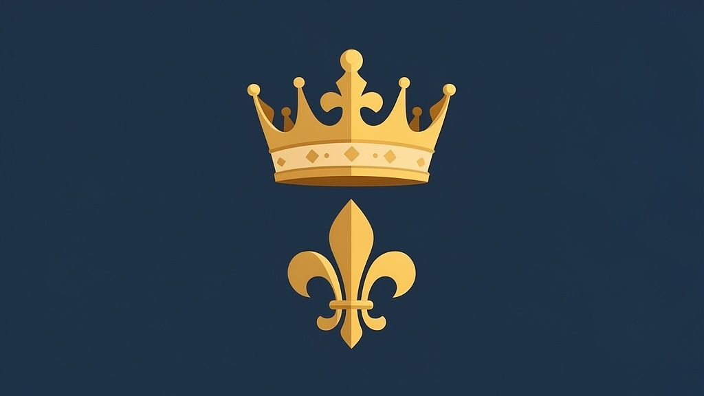 Une couronne dorée et une fleur de lys dorée sur un fond bleu foncé, symboles de royauté et de France.