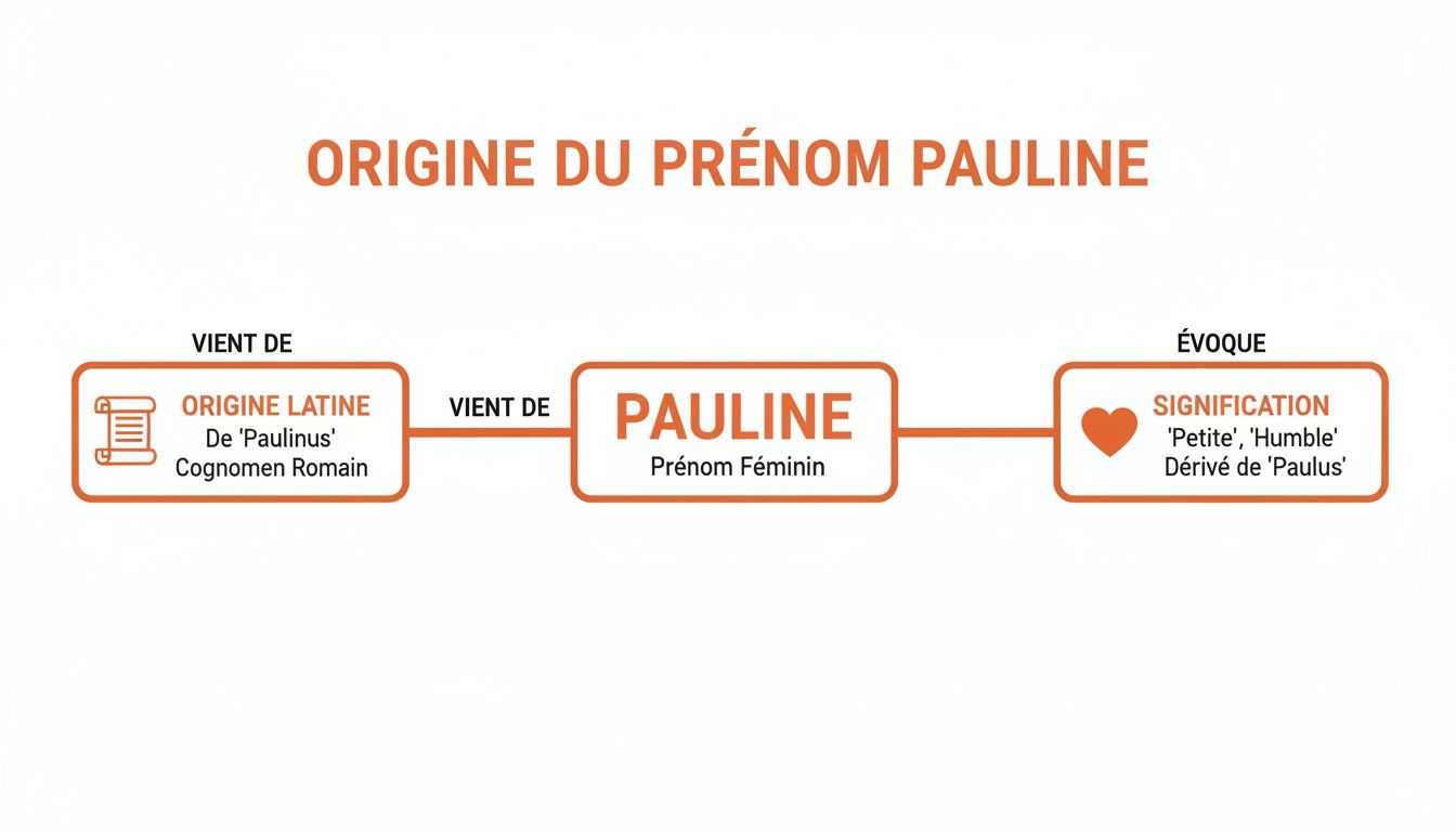 Infographie claire illustrant l'origine latine du prénom féminin Pauline, dérivé de 'Paulinus', signifiant 'petite' et 'humble'.