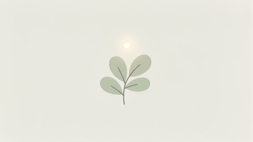 Illustration minimaliste d'une petite plante à quatre feuilles vertes sur fond clair, avec un point lumineux au-dessus.