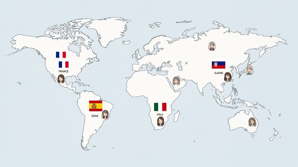 Carte du monde illustrant des drapeaux de pays et des personnages féminins associés à différentes nations.