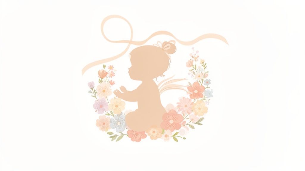 Silhouette douce d'un bébé assis entouré d'une couronne de fleurs pastel et d'un ruban, sur fond blanc.
