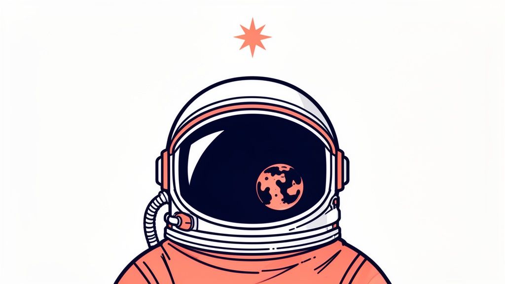 Illustration d'un astronaute en combinaison orange avec un casque, une planète rouge reflétée dans la visière et une étoile.