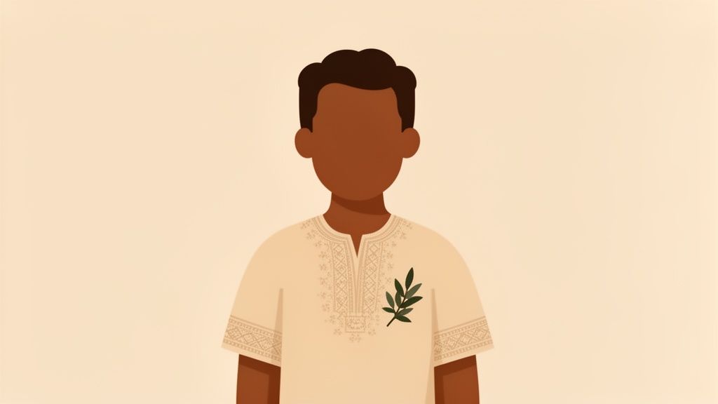 Illustration d'un homme à la peau foncée, portant une chemise brodée avec une branche d'olivier sur la poitrine.